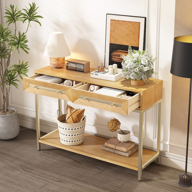 Retro Console Table Hallway Table with 2 Geometric Bevel Drawers, for Entryway and Living Room, Natural