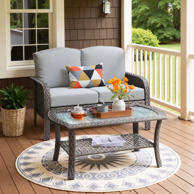 XIZZI 2-Piece Outdoor Wicker Loveseat with Coffee Table - Grey