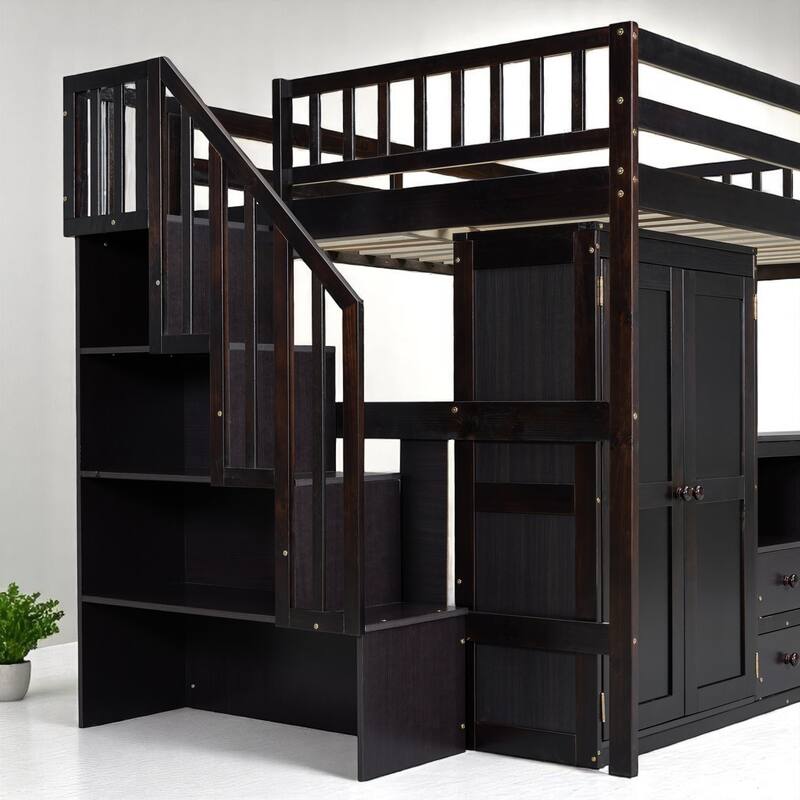 Twin/Full Size Loft Bed with Desk, Wardrobe, Drawers & Stairs, Wood Frame Study Bed with Storage for Kids/Teens