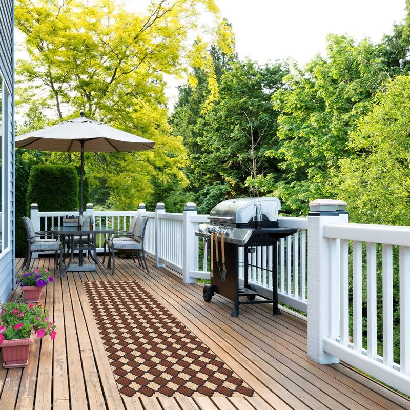 Indoor/Outdoor Custom Size Low Profile Runner Rug with Non-Slip PVC Backing - Water Resistant-Black-Brown-Beige Color-Trellis