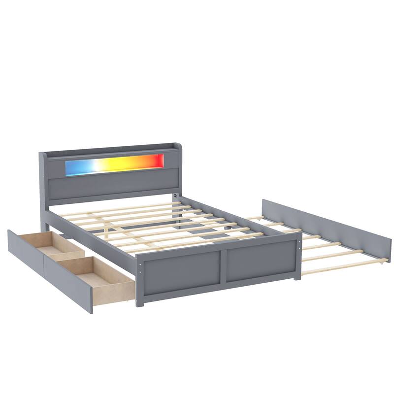 Queen Size Platform Bed with LED Headboard, Trundle & Drawers