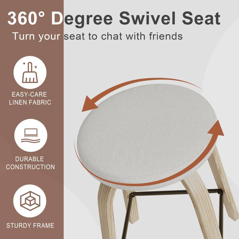 Swivel Bar Stools Set of 2, Bar Height Backless 30″Bar Stool, Fabric Upholstered Seat, Sturdy Wood Legs and Metal Footrest
