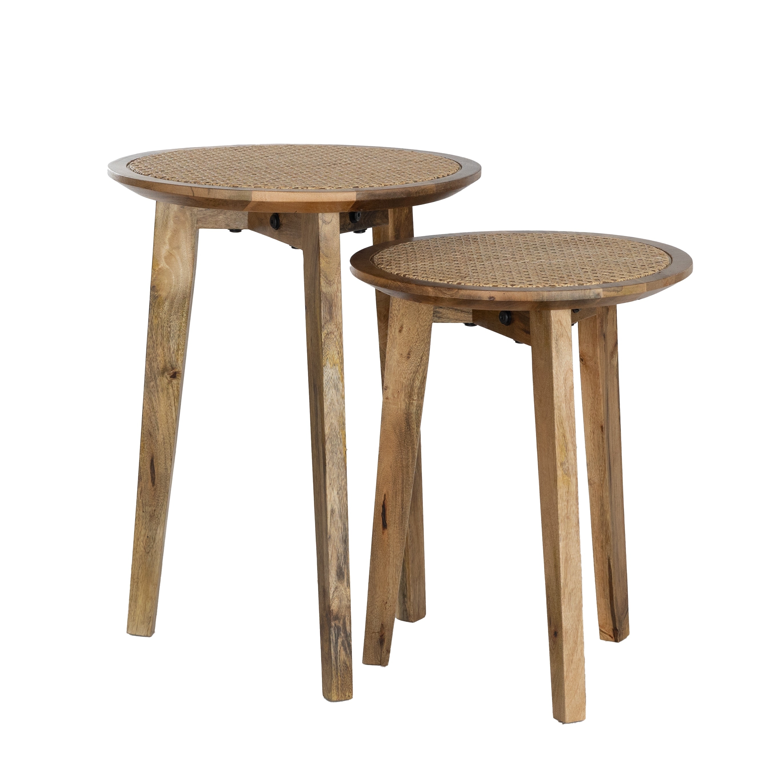 Set of 2 Round Nesting Side Tables, Mango Wood & Rattan Cane Webbing, Rustic Boho Accent Tables, Natural
