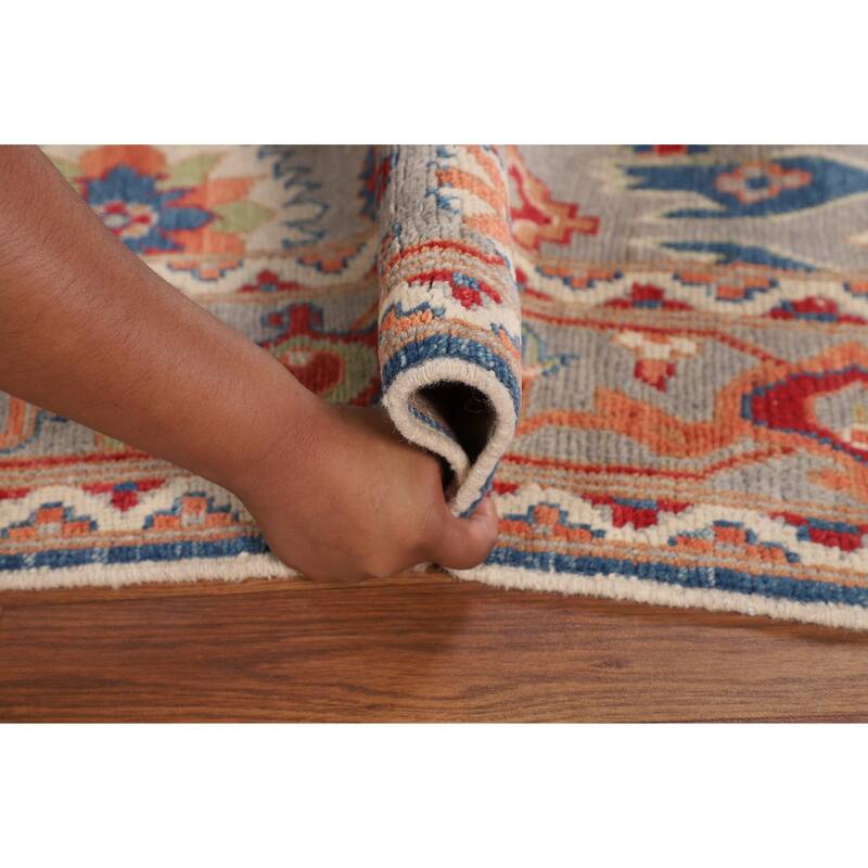Grey Kazak Oriental Area Rug Handmade Geometric Wool Carpet - 5'0" x 6'8"