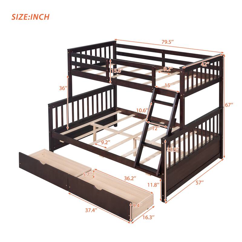 Twin-Over-Full Bunk Bed with Ladders and Two Storage Drawers in Espresso