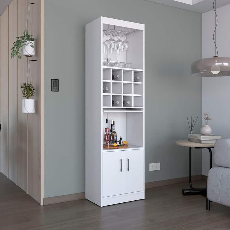 71"Tall Bar Cabinet 5-Tier Modern Bar Cabinet with Glass Holder Stemware Rack,Wine Cabinet,12 Bottle Cubbies,5 Shelves - White