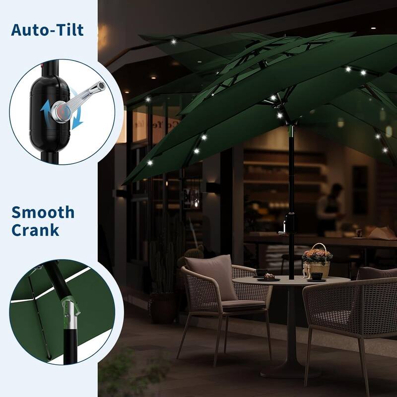 3-Tier 10Ft Patio Umbrella, Easy Crank and Push Button Tilt for Pool, Deck, Yard, Garden with LED Lights (No Base)