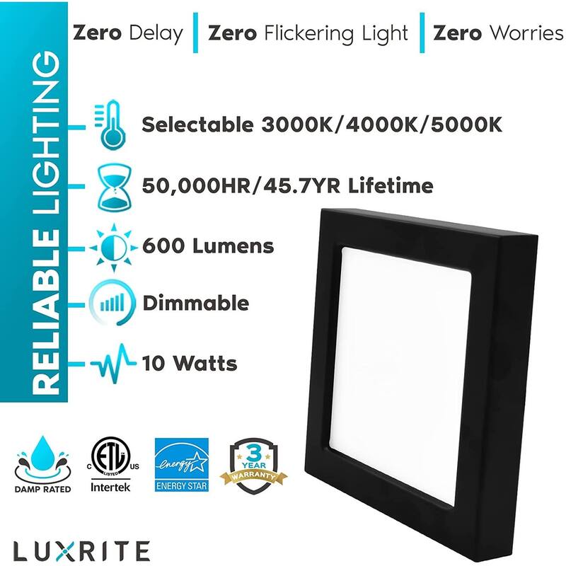 Luxrite 4" Square LED Flush Mount 10W 3 Color Selectable 600 Lumens Dimmable Damp Rated Black Trim 2 Pack