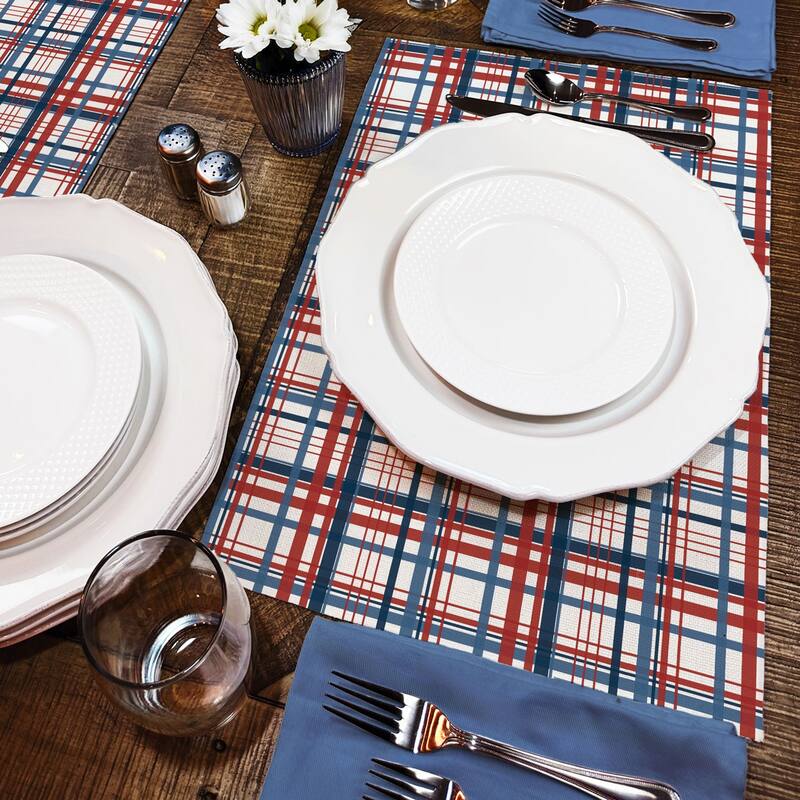 Patriotic Plaid 4-Pack Poly-Cotton Blend Placemats Manufactured in The USA Machine Washable Dryer Safe