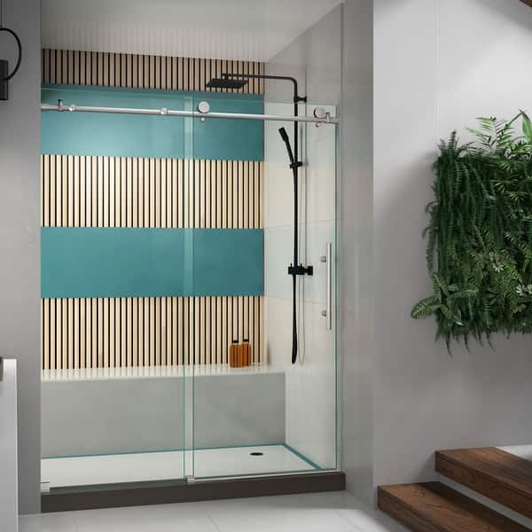 slide 2 of 17, DreamLine Enigma-X 56-60 in. W x 76 in. H Fully Frameless Sliding Shower Door - 56" - 60" W Brushed Stainless Finish