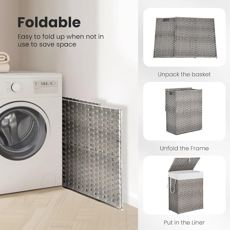 Laundry Hamper with Lid, Synthetic Rattan Clothes Laundry Basket with Lid and Handles, Foldable, Removable Liner