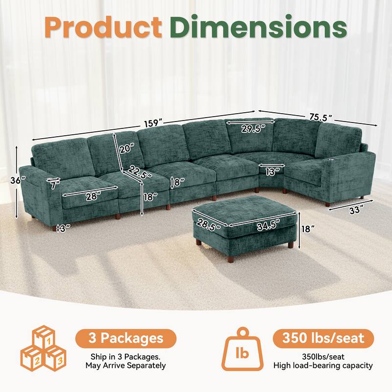 GDFStudio - Modular Chenille L-Shaped 159" 6-Seater Sectional Sofa with Storage & Cup Holders