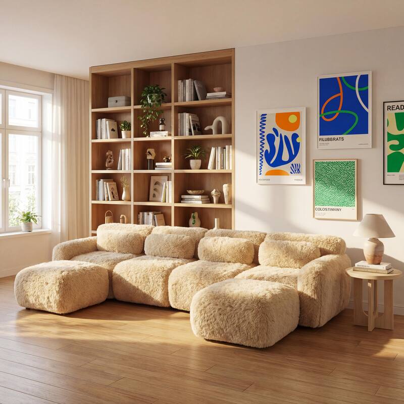 Homy Casa Light Khaki Modular Sectional Sofa, Soft Plush Fabric Cloud Couch with Anti-Slip Base & Decorative Pillows - Khaki10