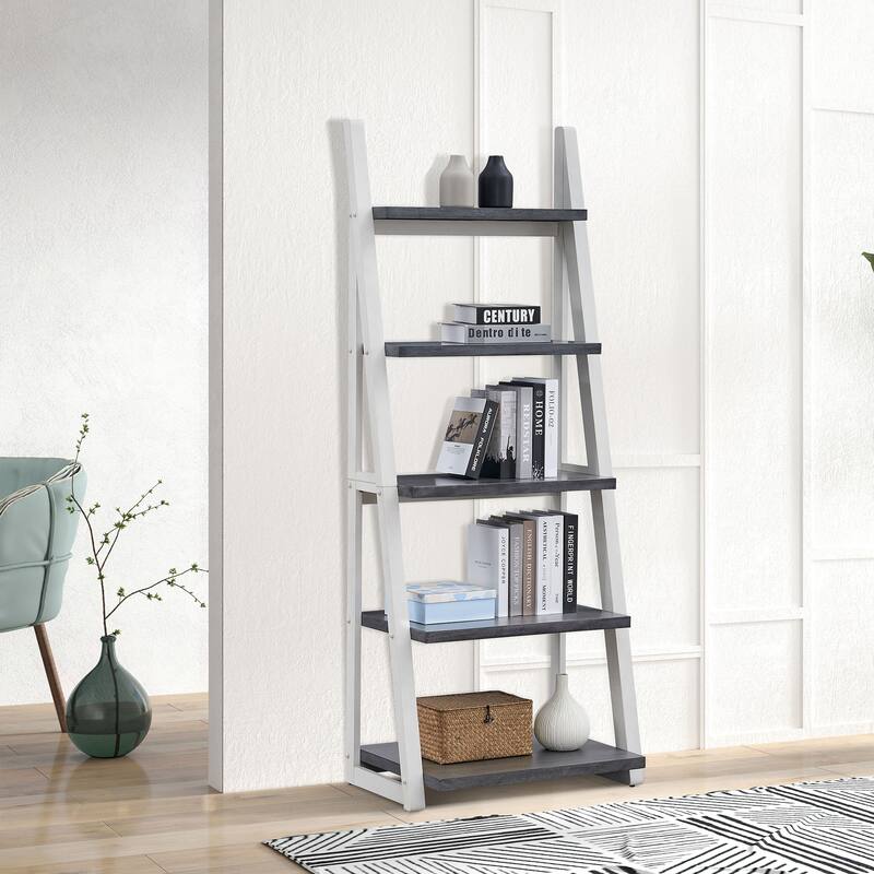 5-Tier Shelves,Bookshelf, Storage Rack, Bookcase with Rubber Wood Frame, Ladder Shelf for Living Room, Home Office - Grey