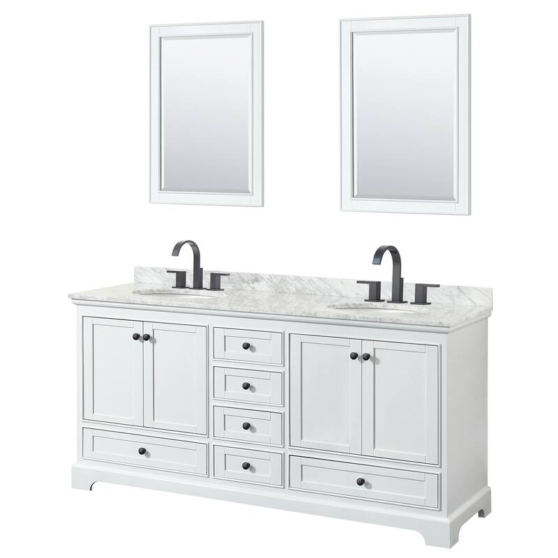 Deborah 72-inch Double Vanity, Oval Sinks, 24-inch Mirrors - White, Black Trim, White Carrara Marble Top