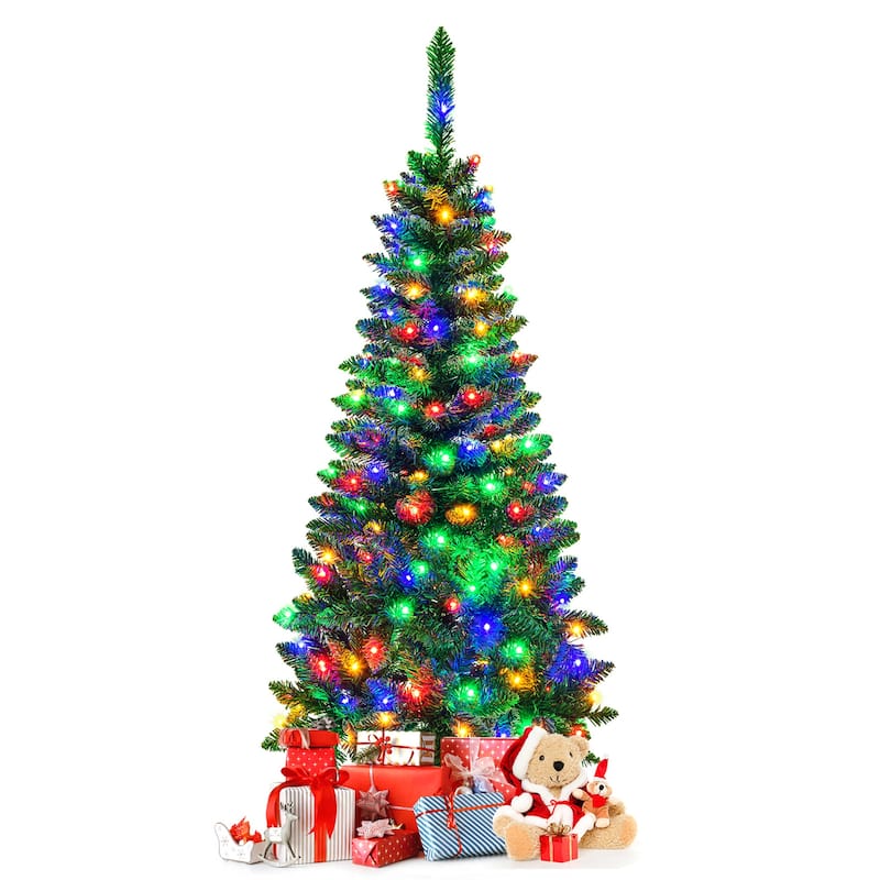 Gymax 4.5ft Colorful Lights Spruce Hinged Tree with 150 Colorful LED - See Details - Green - 4.5 Foot