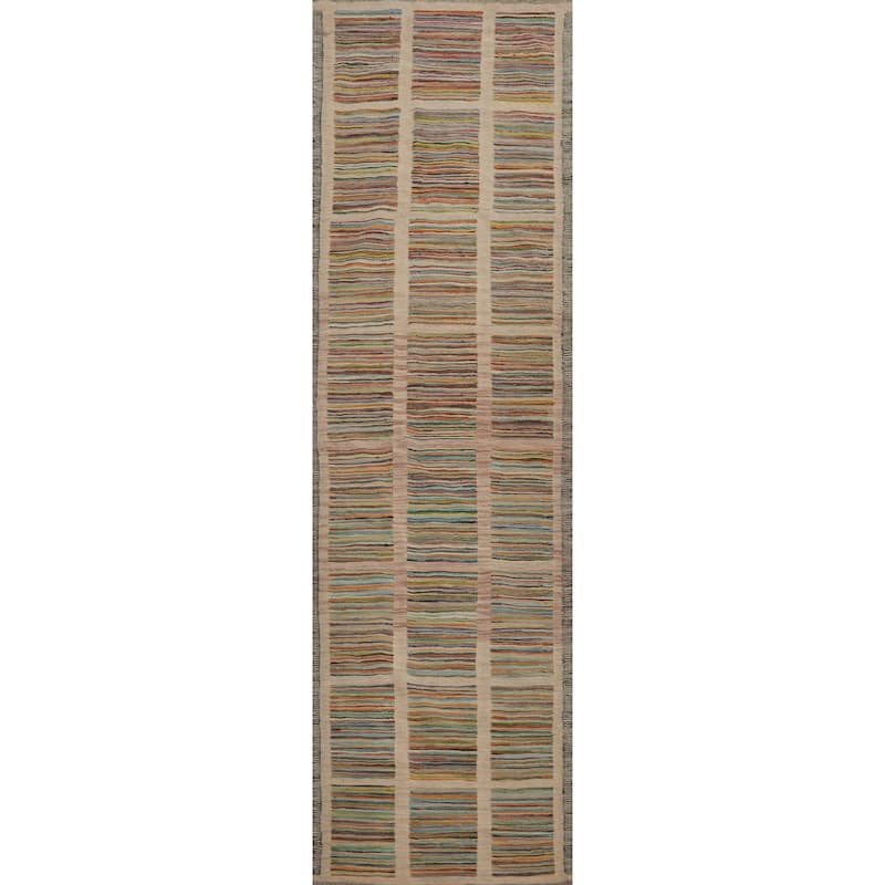 Hand Woven Oriental 100% Wool Carpet Southwestern Modern Multi-Colored Kilim Runner Rug - 9' 8'' X 2' 5''