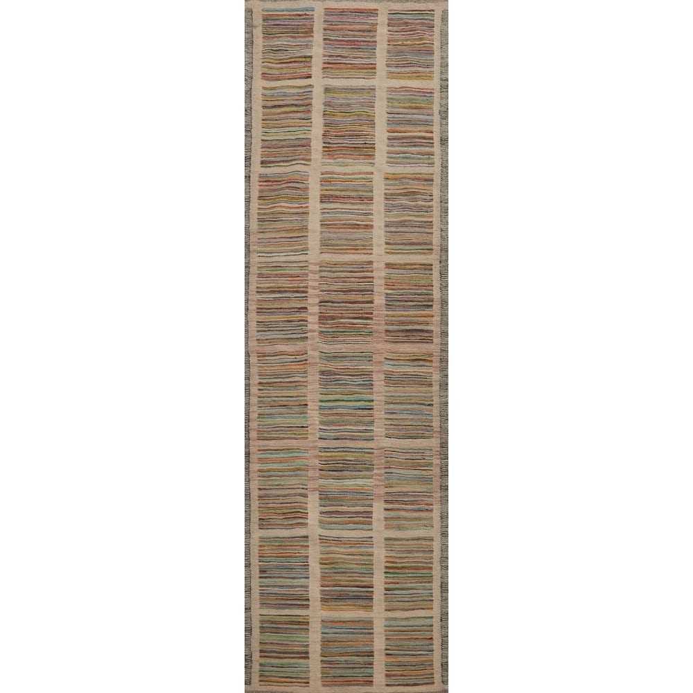 Hand Woven Oriental 100% Wool Carpet Southwestern Modern Multi-Colored Kilim Runner Rug - 9' 8'' X 2' 5''