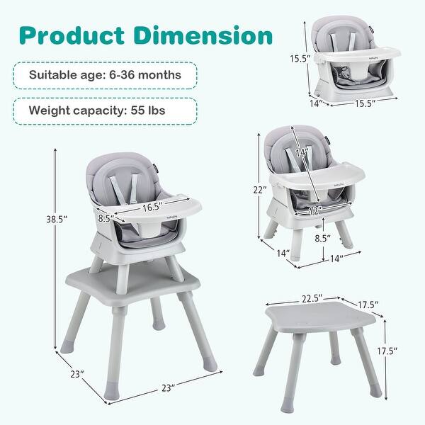 dimension image slide 0 of 4, Baby High Chair, 8 in 1 Convertible Highchair, Table & Chair Set | Toddler Chair w/Safety Harness, Removable Tray