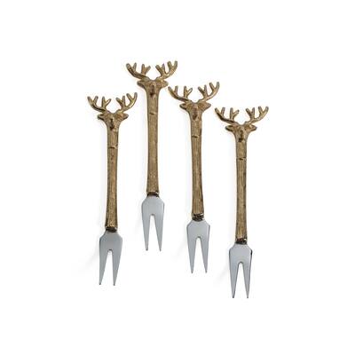 Peura Stag's Head Cocktail / Cheese Forks, Set of 4 - Champagne Gold, Silver