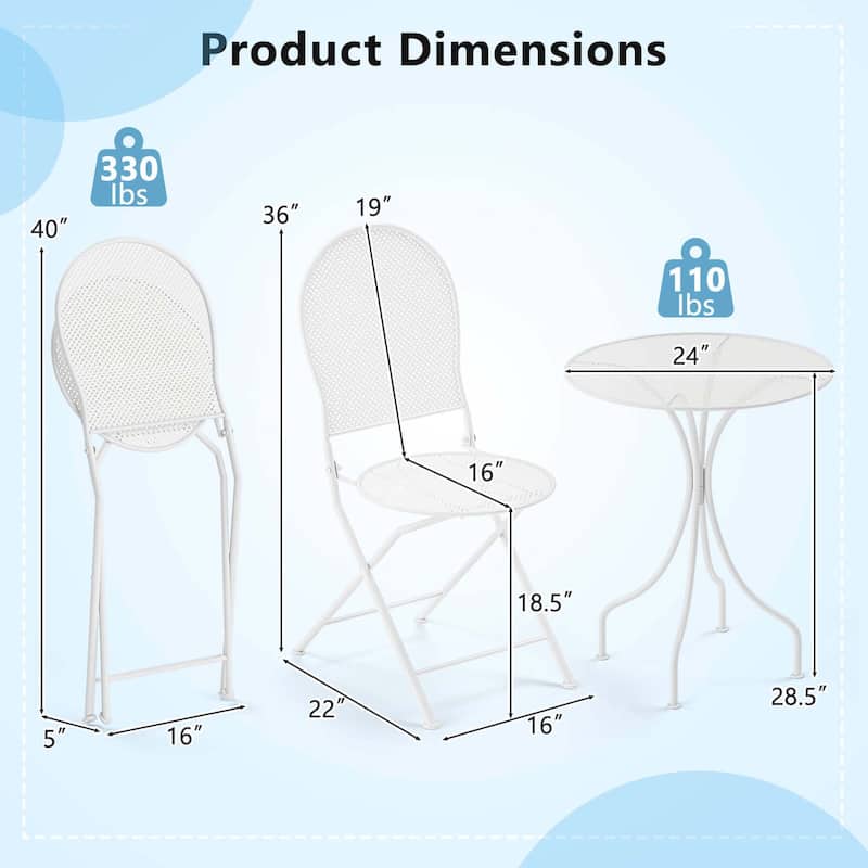 Costway 3 PCS Metal Bistro Set Round Table & 2 Folding Chairs with