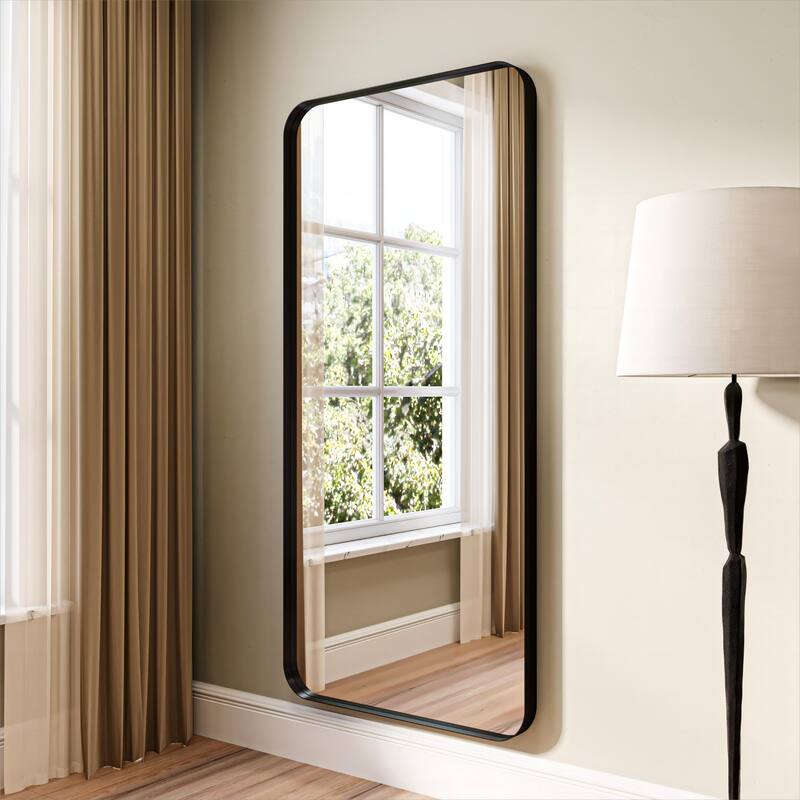 Organnice Rectangular Aluminum Framed Modern Rounded Wall Mount Mirror - 60*28inch - Black