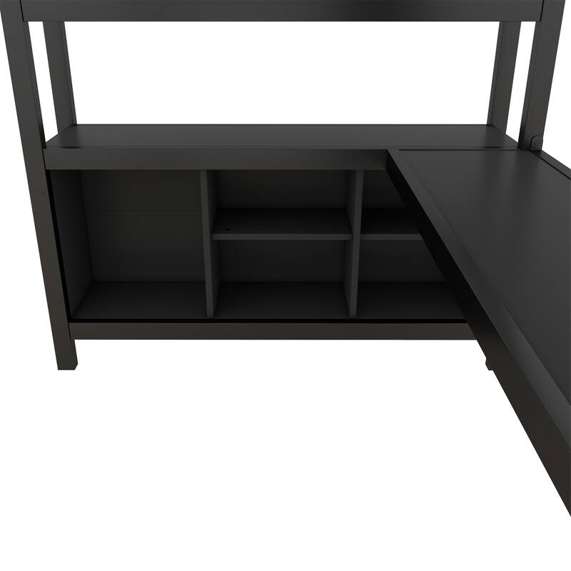 Full Size Metal Loft Bed with Wardrobe and L-shaped Desk, Storage Cubes and Shelves