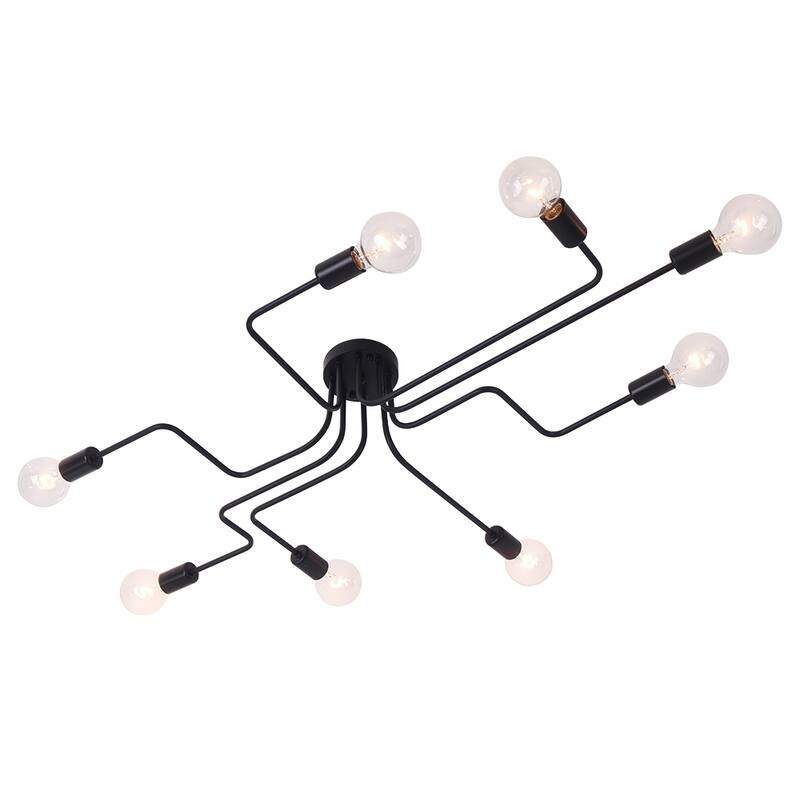8-Light Modern Black Linear Sputnik Semi-Flush Mount Light Industrial Spider Ceiling Light