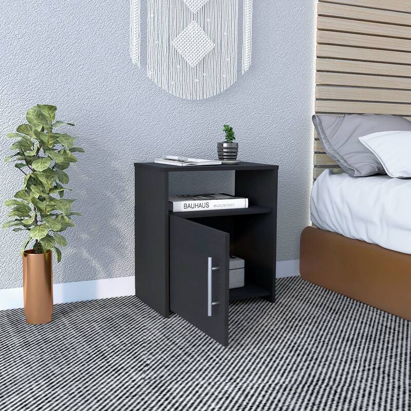 Modern Black Nightstand with Single Door Cabinet and Metal Handle