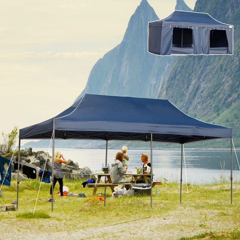 Outsunny 20' x 10' Pop Up Canopy Tent Large Outdoor Shelter with 7 Removable Zippered Sidewalls and Roller Bag - Dark Blue