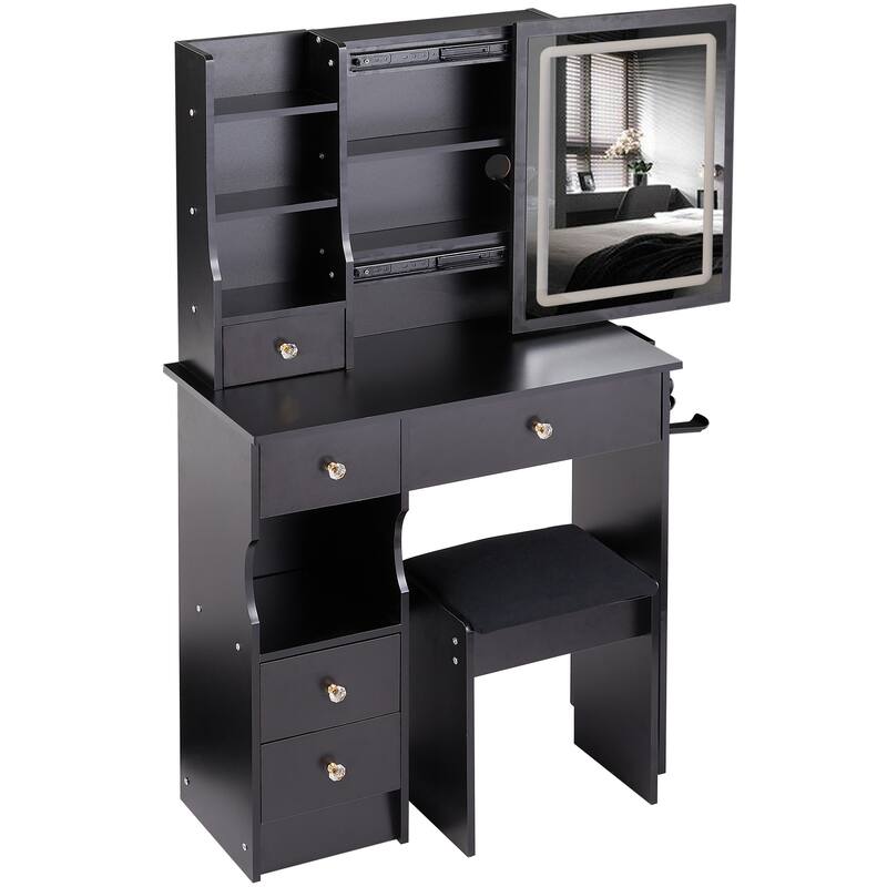 29.2" Small Size Left Drawer Desktop Vanity Table + Cushioned Stool, 2 AC+2 USB Power Station, Hair dryer bracket