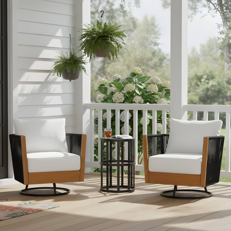 Christopher Knight Home - Mid-Century Modern Outdoor Acacia Wood Swivel Chair with Ceramic Tile Side Table - Set of 2 Chairs - 10.8" Table