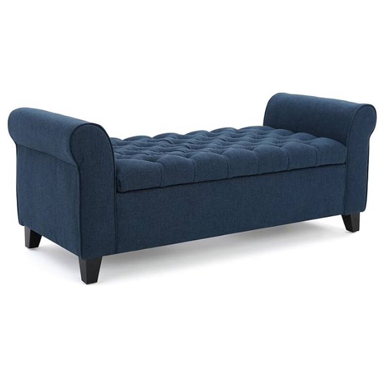 Shawn Storage Bench with Rolled Arms, 50 Inch Button Tufted, Dark Blue