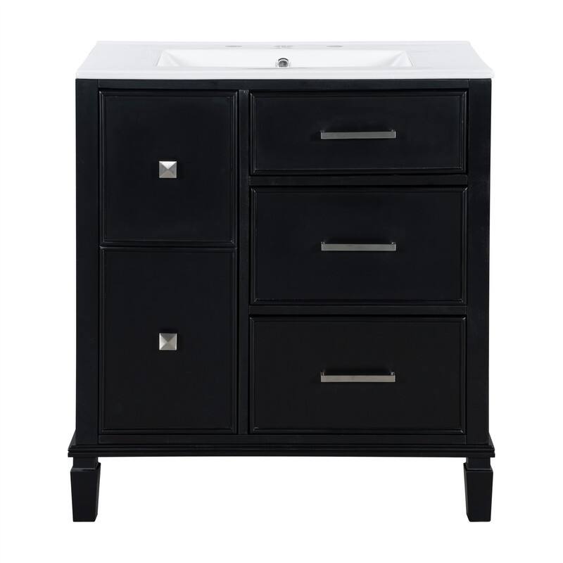 30'' Bathroom Vanity with Ceramic Sink, Freestanding Bathroom Vanity Cabinet with 3 Soft Close Drawers and 1 Flip-Out Drawer