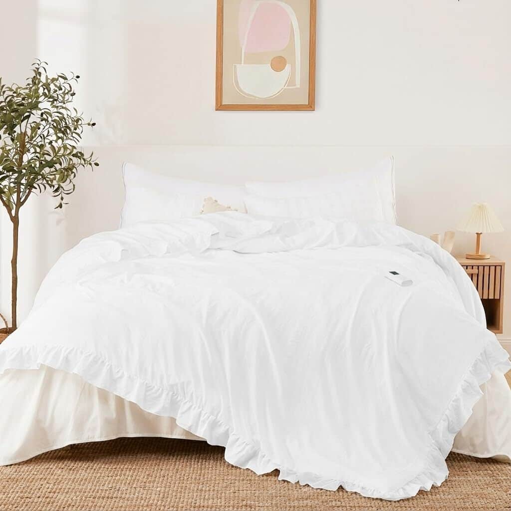 90"x90" Heated Comforter Blanket, Ruffle Electric Quilt Fast Heating Queen Size, White