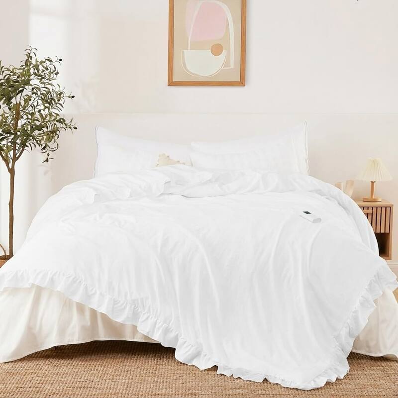 90"x90" Heated Comforter Blanket, Ruffle Electric Quilt Fast Heating Queen Size, White - White
