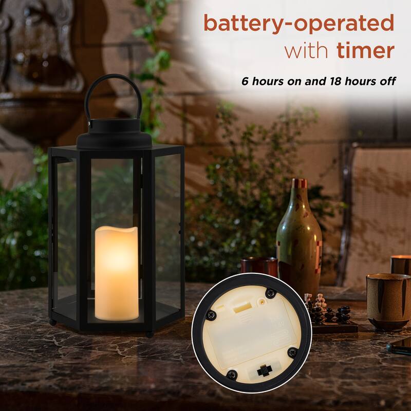 Alpine Corporation 14" Tall Outdoor Hexagonal Battery-Operated Metal Lantern with LED Lights, Black