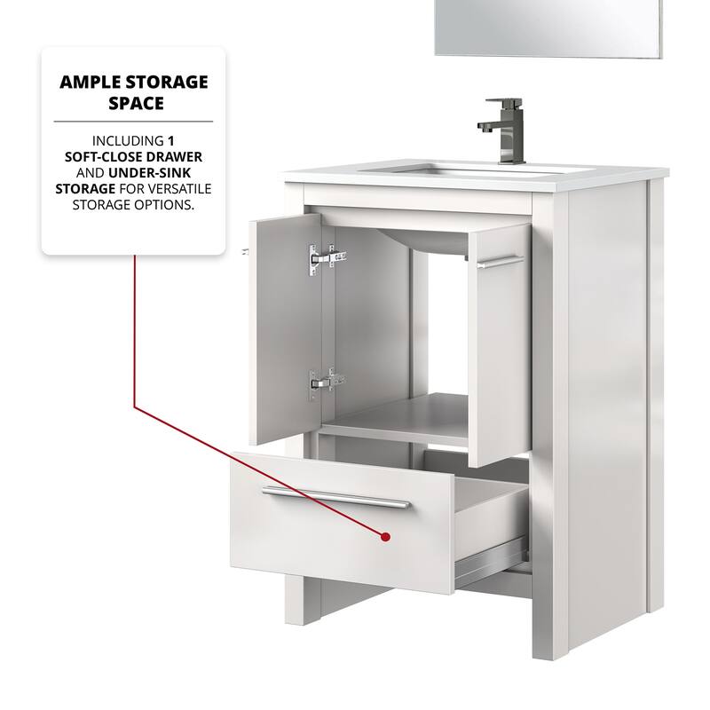 24 in. White Vanity with Quartz Top, Rose Gold Faucet, and 18 in. Mirror - Bathroom Storage Cabinet with Soft-Close Doors