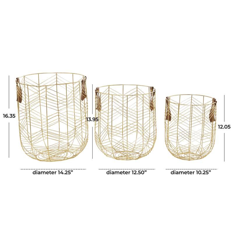 Metal Decorative and Functional Storage Basket with Faux Leather Handles - Set of 3 Silver or Gold - CosmoLiving by Cosmopolitan