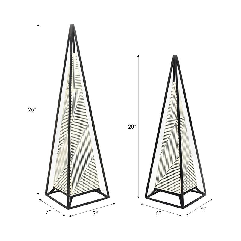 Iron Wood Pyramid Sculpture Geometric Design (Set of 2) - 26/21" Multi - 7" x 7" x 26"