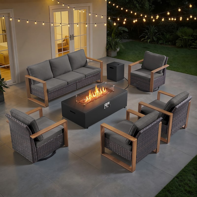 Meyreso Wicker Outdoor Patio Fire Pit Set with Swivel Gliders and 4.5-Inch Olefin Cushions - Brown / Gray Cushions - 6-Piece