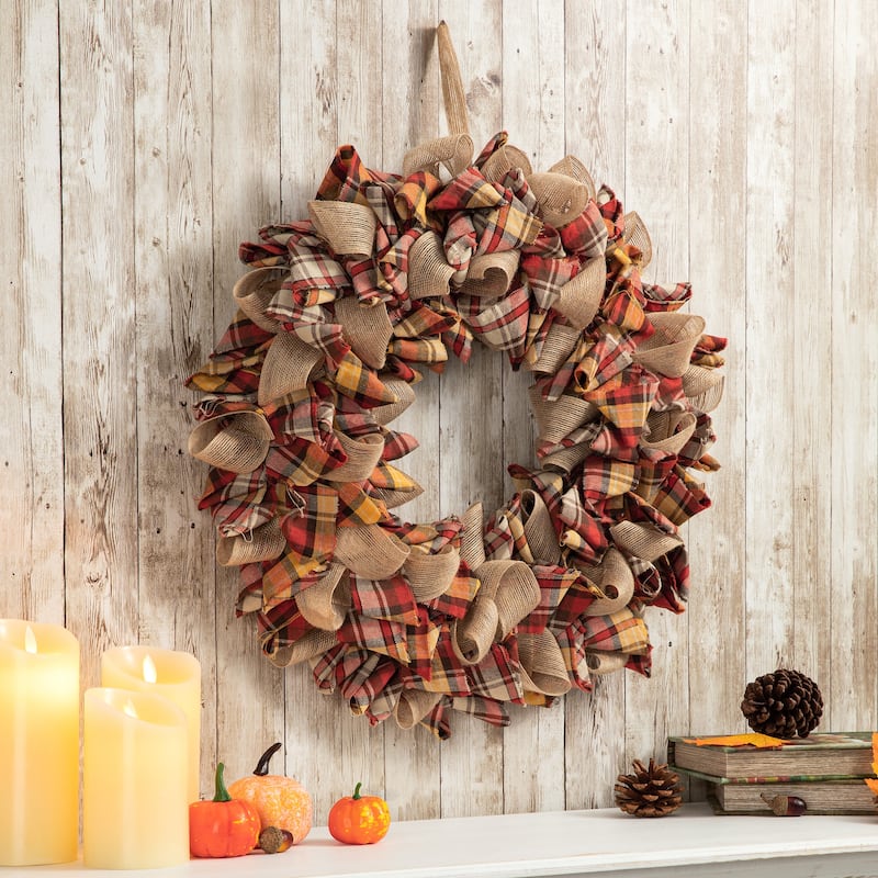 Glitzhome Fall Fabric Plaid Wreath or Garland Wall Hanging Decor