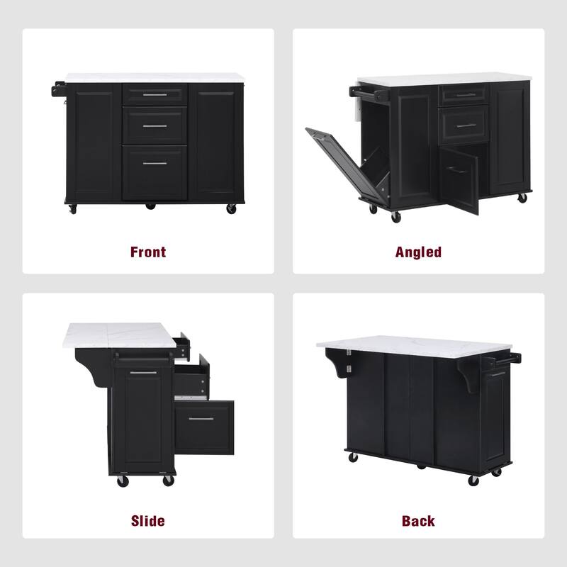 50.7" Kitchen Island with Storage Tilt Trash Can Cabinet and Pull Out Cabinet Organizer, Rolling Kitchen Island with Drop Leaf