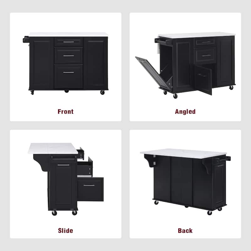 Marble Wood Top Dining Table, Rolling Kitchen Island withTilt Trash Can, Kitchen Cabinet with Drop Leaf Counter