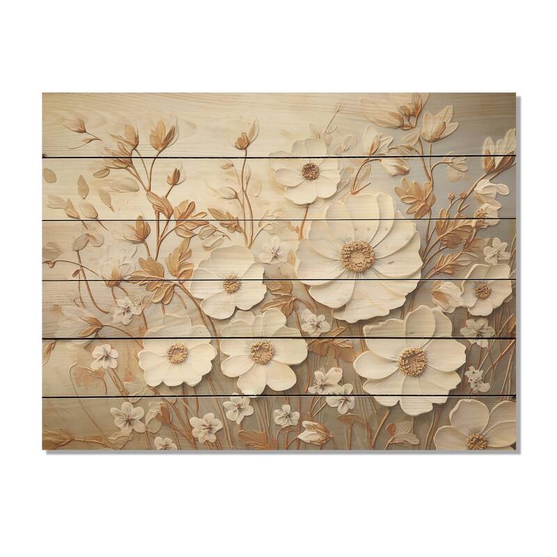 Designart "Elegant Minimalism Florals In Every Season I" Seasonal Flowers Beige Wood Panel On Natural Pine Wood