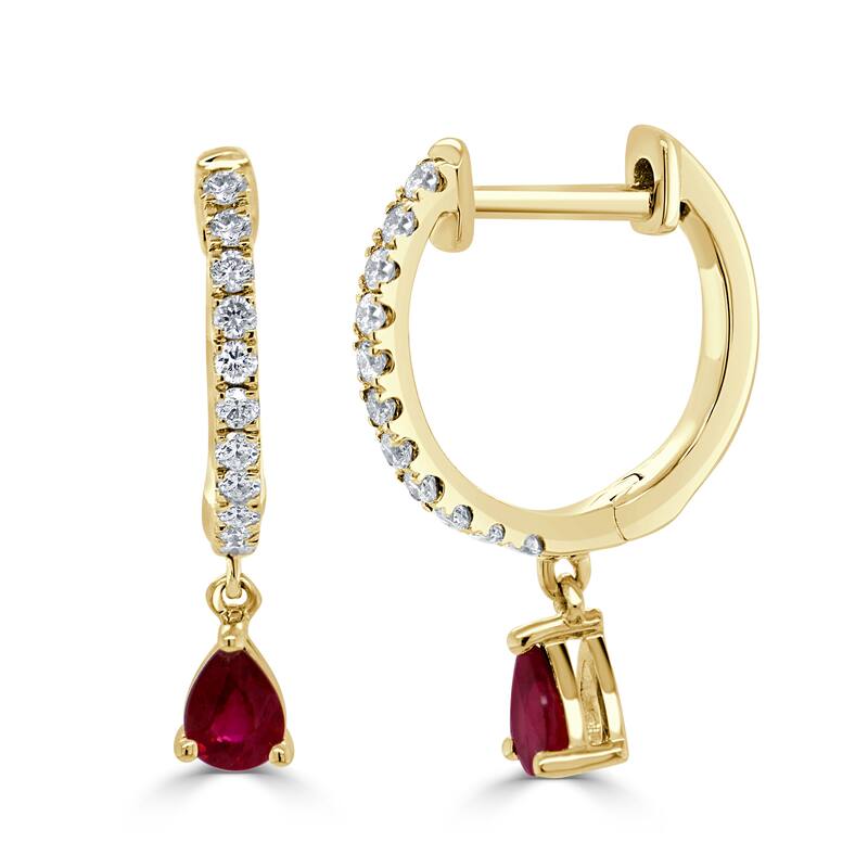 Joelle Collection Gemstone & Diamond Dangle Hoop Earrings 14K Gold Birthstone - Red - Ruby - Yellow