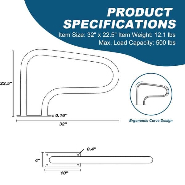 32 X 22.5 Inch Swimming Pool Handrail – 304 Stainless Steel, 385 LBS Load Capacity, Non-Slip Blue Handle Covers, Quick Install Kit For Inground Pools