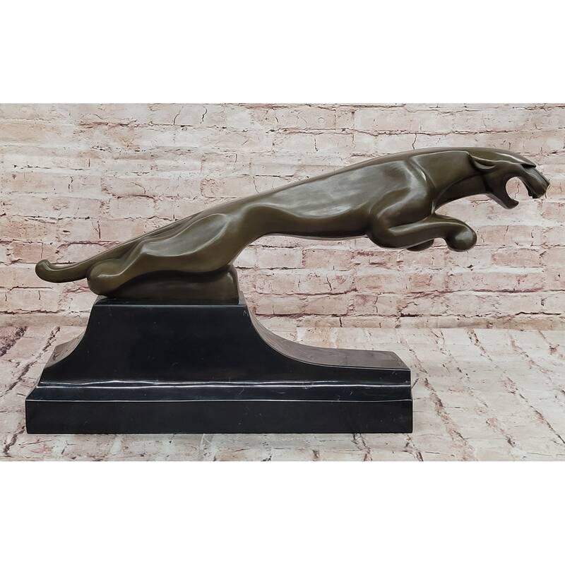 Art Deco Style Leaping Panther Bronze Sculpture On Marble Base
