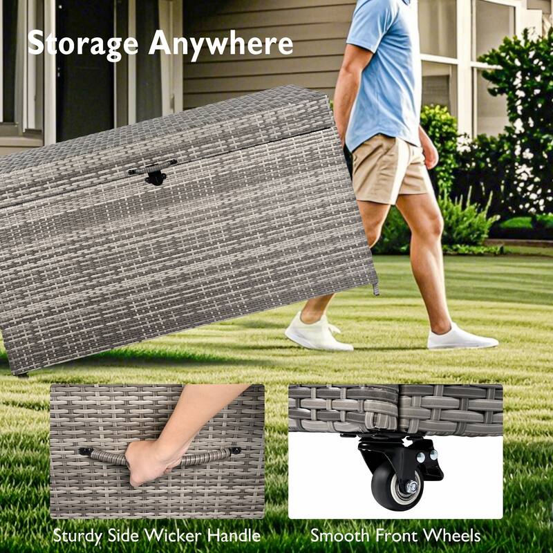 Black Heavy Duty Wicker Deck Box with 4 Wheels, Lockable Lid and Bench for Patio Poolside and Garden​