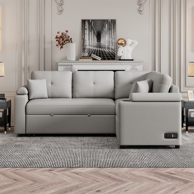 87.4" L-shape Sofa Bed Pull-out Sleeper Sofa with Wheels, USB Ports - Grey